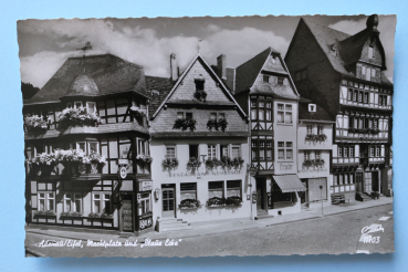 Postcard PC Adenau Eifel 1950s Restaurant Square shops Town architecture Rheinland Pfalz